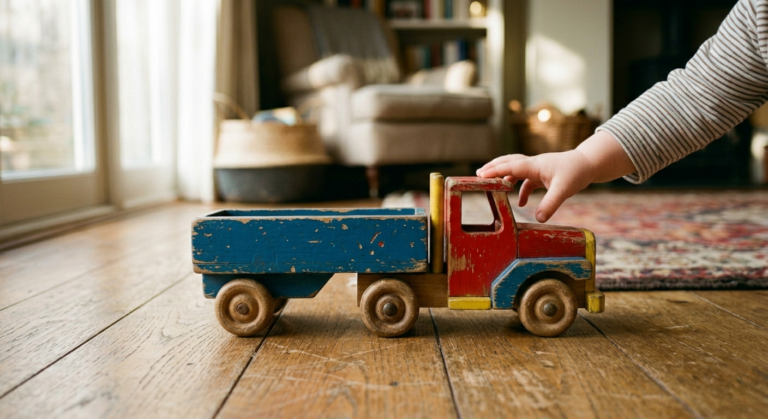 Alter Holzlaster mit Spielspuren auf einem Holzfußboden, Kinderhand greift nach dem Steuer