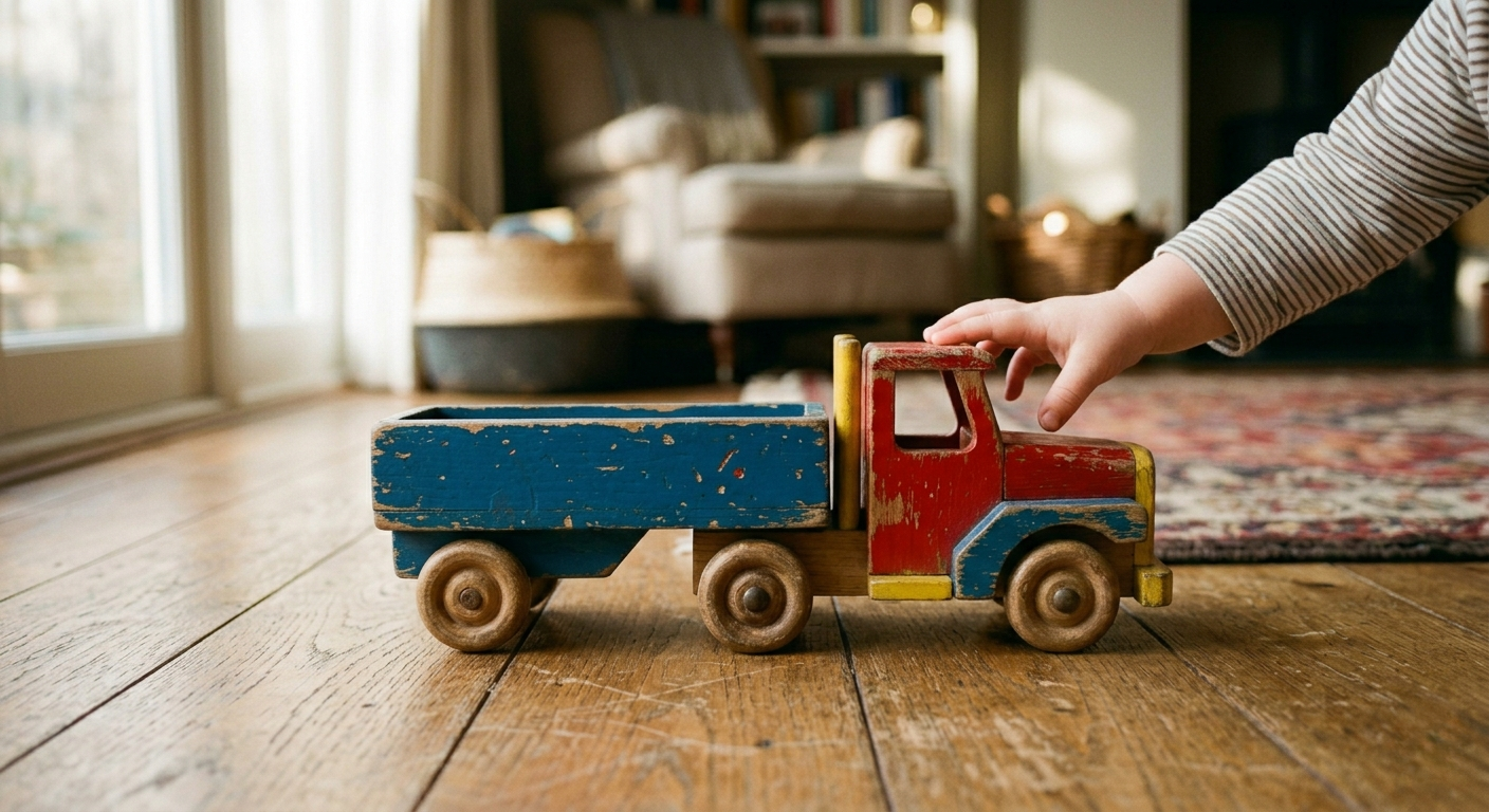 Alter Holzlaster mit Spielspuren auf einem Holzfußboden, Kinderhand greift nach dem Steuer